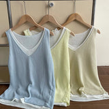 Amozae-Spring Summer Casual Outfits Fake Two-piece Knit Tank Tops For Women, 25 Summer V-neck Shoulder Top
