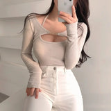 Amozae-Sexy Tank Top Cropped Inner Strapless Long Sleeve Cover Up Outer Wear 2-piece Set Women's Summer Fashionable Suit