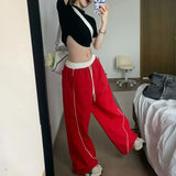 Amozae-Pants High Quality Contrast Color Stitching Drawstring Thin Y2k Women Korean Harajuku Sweatpant Red Blue Loose Wide Leg Trousers