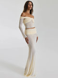 Amozae-A Fashion Skirt Two Piece Set For Women Off-shoulder Sheer Long Sleeve Crop Tops And Long Skirt Sexy Two Piece Sets