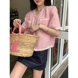 Amozae-Spring Summer Casual Outfits Pink Yello Short Sleeve Tweed Jacket With Dual Pocket For Summer Spring