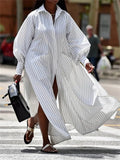 Amozae-White Dress Women 2024 Summer Autumn Long Sleeves Buttoned Split-Side Striped Lapel Casual Women's Long Maxi Dresses