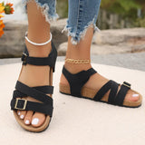 Amozae-Fashion Buckle Strap Flat Sandals for Women Summer 2025 Casual Outdoor Beach Shoes Woman Lightweight Non Slip Black Cork Sandals