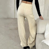 Amozae Winter Knitted Straight Pants Beige Casual Women Basic Slim Trousers High Street Minimalism Lady Knitwear Outfits