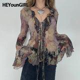 Amozae Vintage Print Mesh Cardigan Top Ruffles Trim Long Sleeve V-neck Lace-up T-shirt See Through Y2K Lady Aesthetic Tees