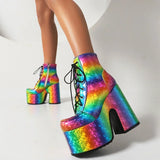 Amozae-Women Rainbow Boots Colorful Gradient Lace-up Platform Gothic Halloween Bat Shoes High Heels Winter Warm Ankle Motorcycle Boots