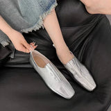 Amozae-Women Flat Shoes Genuine Leather Sheepskin Comfort Flats Slip On Silver Beige Simple Shoes Spring Autumn Soft Loafers Square Toe