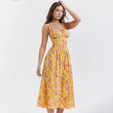 Amozae Summer Elegant Floral Print Midi Holiday Dress with Pocket Yellow Back Lace Up Party Dresses Casual Women Dress 2024