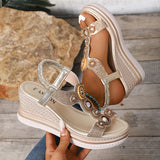 Amozae-Pearl Crystal Decor Wedge Sandals for Women Bohamian Style Chunky Platform Sandalias Mujer Summer 2025 Thick Bottom Beach Shoes