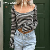 Amozae Simple Striped Long Sleeve Crop Top Autumn Women Basic Crew Neck Fitted T-shirt Y2K Street Casual Tee Lady Outfits