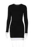 Amozae Pleated Contrast Slim Mini Dress Female Long Sleeve Casual Patchwork Vintage Party Dress Clothes Women's Bodycon Dress