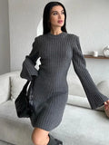 Amozae Knit Ribbed Fashion Dress Female High Waist Loose Vintage Patchwork Elegant Commute Party Dress Knitwear Ladies MIni Dress