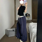 Amozae-Pants High Quality Contrast Color Stitching Drawstring Thin Y2k Women Korean Harajuku Sweatpant Red Blue Loose Wide Leg Trousers