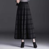 Amozae-Plaidknit Medium-length High-waisted A- line Skirt Autumn/winter Thickened Pleated Dress Long Dress Drape Sense