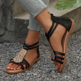 Amozae-Ankle Strap Braided Roman Sandals for Women 2025 Summer Shiny Crystal Flat Sandals Woman Comfortable Soft Non Slip Beach Shoes