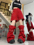 Amozae-Jeans Red Spliced Bandage Detachable Loose Design New Spicy Girl Y2K High Street Women American Relaxed Wide Leg Long Pants