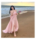 Amozae-Christmas Party Dresses  Pink Elegant Pleated High Waist Split Long Dress Women Fashion Backless Halter Strapless Fairy Dress Female 2024 Vestido