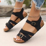 Amozae-Fashion Buckle Strap Flat Sandals for Women Summer 2025 Casual Outdoor Beach Shoes Woman Lightweight Non Slip Black Cork Sandals