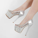 Amozae Elegant Women Wedding Banquet Shoes Sexy Peep Toe Crystal Rhinestone High Heels Party Stripper Shoes Ladies Platform Pumps