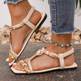 Amozae-Fashion Flower Beaded Bohemian Sandals Women Square Toe Printing Braided Flat Sandals Woman 2025 Summer Comfortable Beach Shoes