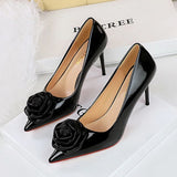 BIGTREE Fashion Patent Leather Flowers Women Pumps Sexy Pointed Toe Metal Decoration Thin Heels Wedding Elegant Party Shoes