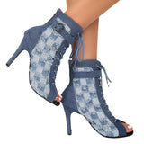 Amozae-Rubber Sole Latin Dance Boots Sexy Modern Shoes Dance High-heeled 9cm Sandals Lace-up Hollow Belt Buckle Fashion Square Denim