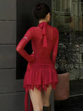 Amozae-Fashion Chic See-through Long Sleeve Bandage Short Dress Streetwear Y2K Women's Tie Knot Folds Irregular Mini Party Club Dresses