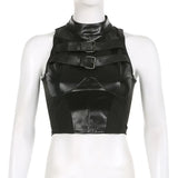 Amozae Punk High Street Women Tank Top Leather Buckle Up Sleeveless Zipper Patchwork Crop Vest Tee Hip Hop Club Lady Camis