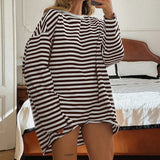 Amozae Vintage Slouchy Fit Long Sleeve Tee Shirt Fashion Street Autumn Casual Striped Brown Pullovers Grunge Style Outfits