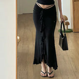 Amozae-Summer Women's Skirt Lace-up Folds Black Streetwear Casual Fashion Slim High Wais Straight Skirt Party Sexy Ankle-Length Skirts