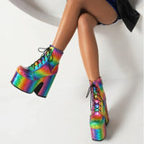 Amozae-Women Rainbow Boots Colorful Gradient Lace-up Platform Gothic Halloween Bat Shoes High Heels Winter Warm Ankle Motorcycle Boots