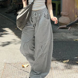 Amozae Stylish Chic Split Patchwork Women Baggy Pants Harajuku Korean Style Gray Loose Wide Leg Trousers Street Joggers