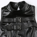 Amozae Punk High Street Women Tank Top Leather Buckle Up Sleeveless Zipper Patchwork Crop Vest Tee Hip Hop Club Lady Camis