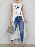 Amozae-Fashion Simple Figure Printed Round-Neck High-Low Vest Tops Summer Sleeveless Casual Loose T-shirts For Women