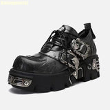 Amozae-Retro Rock Dark Black Punk Leather Shoes 2025 New Platform Metal Stitching Unisex Shoes Low-Top Height-Enhancing Big-Head Shoes