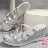 Amozae-Cross Strap Wedge Heel Sandals for Women Summer 2025 Silver Chunky Platform Slippers Woman Anti Slip Thick Sole Slides Plus Size