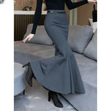 Amozae-Elegant Grey Fish Tail Skirt Women's Autumn/winter Long Dress Draped Style Socialite Style Skirt For Plus-size Women