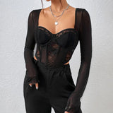 Amozae-Women Y2k Lace Patchwork Corset Crop Tops Sexy V Neck Long Sleeve T-shirt See Through Open Back Bustier Shirt Streetwear