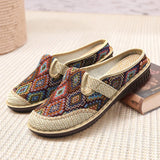 Amozae-Women Slipper Ethnic Embroidery Summer Flat Shoe Linen Wedge Cloth Shoes Soft Sole Walking Elderly Sandal Ladies Slip-on Muller