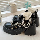 Amozae-2025 Sweet Heart-Shaped Buckle Lolita Shoes Women Patent Leather Platform Mary Janes Woman Metal Decoration Chunky Heels Pumps