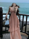 Amozae-Summer New Fashion Women Sexy Pleated  Boho Long Dress Vacation Beach Strap A line Ladies Robe 2024 Sundress