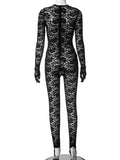 Amozae-Women Sexy Hollow Out Long Sleeve Gloves Lace Jumpsuits 2024 Night Club Outfit Female See-through One Piece Party Bodysuit Black