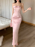 Amozae-Christmas Party Dresses Pink Bow Neckline Patchwork Mesh Vest Dress Long Skirt Satin Light Gown High Waist Slim-Fit Elegant Party Maxi Dresses Female