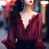 Amozae-High-end European Style Red Chiffon Long Sleeve Sun Protection Shirt For Women 2024 Early Summer French V-neck Ruffle Edge Dress