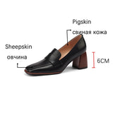 Amozae- Spring New GENUINE LEATHER Women Shoes LEISURE Women Slip-On Shallow Pumps Square Toe Heels Shoes Women Zapatos De Mujer