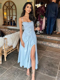 Amozae Summer Midi Vacation Dress Blue High Split Sexy Spaghetti Strap Lace Up Dress Elegant Women Party Dress 2024