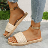 Amozae-Fashion Braided Summer Slippers for Women Plus Size Solid Color Woven Flat Sandals Woman Lightweight Non Slip Beach Flip Flops