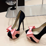 Amozae- Fashion Design Bowknot Round Toe Platform Pumps Women Wedding Banquet Shoes Sexy Stripper Pole Dance High Heels Black Pink