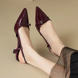 Amozae-2024 New Summer Women's Dress Shoes Pointed Toe Sandals Buckle Slingbacks Mid Heels Pumps Patent Leather Slip on