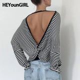 Amozae Open Back Striped Top Women Stylish Chic Long Sleeve Oversized Y2K Tshirt Casual Sexy Fashion O-neck Tee Streetwear